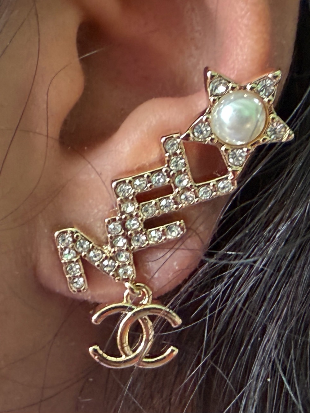 Chanel Gold-Tone Crystal CC Drop Earrings - Gold - Picture 5 of 11